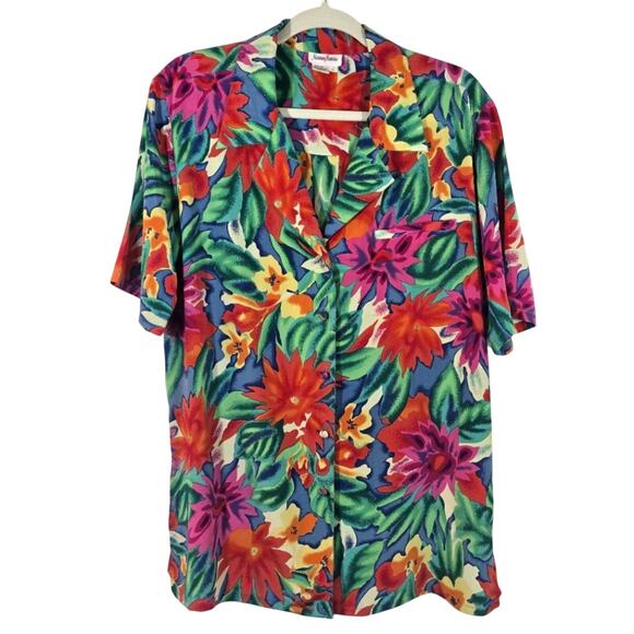 W Neiman Marcus Silk Button Down Shirt Vintage Women's Size L Hawaiian Floral - Picture 1 of 9
